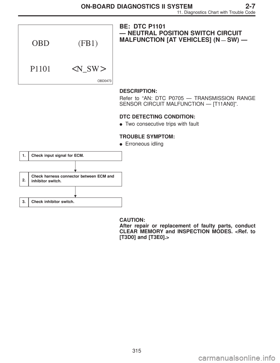 SUBARU LEGACY 1995  Service Repair Manual OBD0473
BE: DTC P1101
—NEUTRAL POSITION SWITCH CIRCUIT
MALFUNCTION [AT VEHICLES] (N
—SW)—
DESCRIPTION:
Refer to“AN: DTC P0705—TRANSMISSION RANGE
SENSOR CIRCUIT MALFUNCTION—[T11AN0]”.
DTC