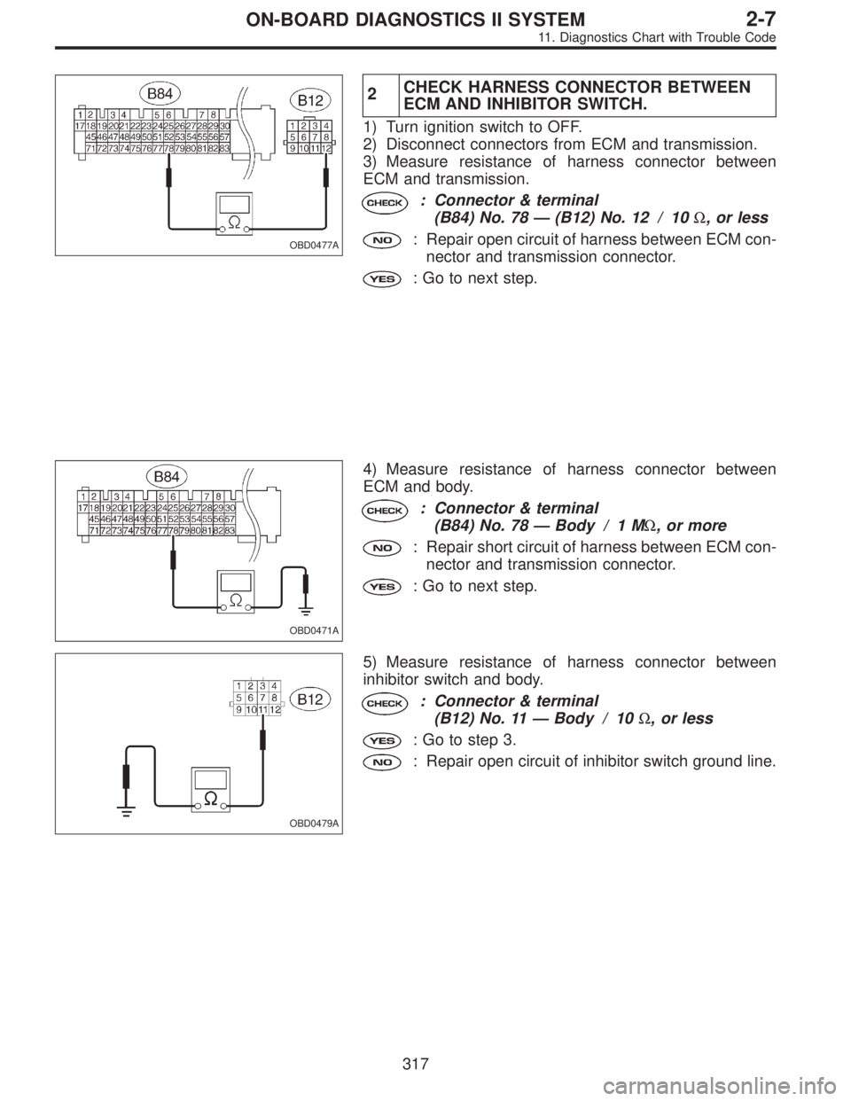 SUBARU LEGACY 1995  Service Repair Manual OBD0477A
2CHECK HARNESS CONNECTOR BETWEEN
ECM AND INHIBITOR SWITCH.
1) Turn ignition switch to OFF.
2) Disconnect connectors from ECM and transmission.
3) Measure resistance of harness connector betwe