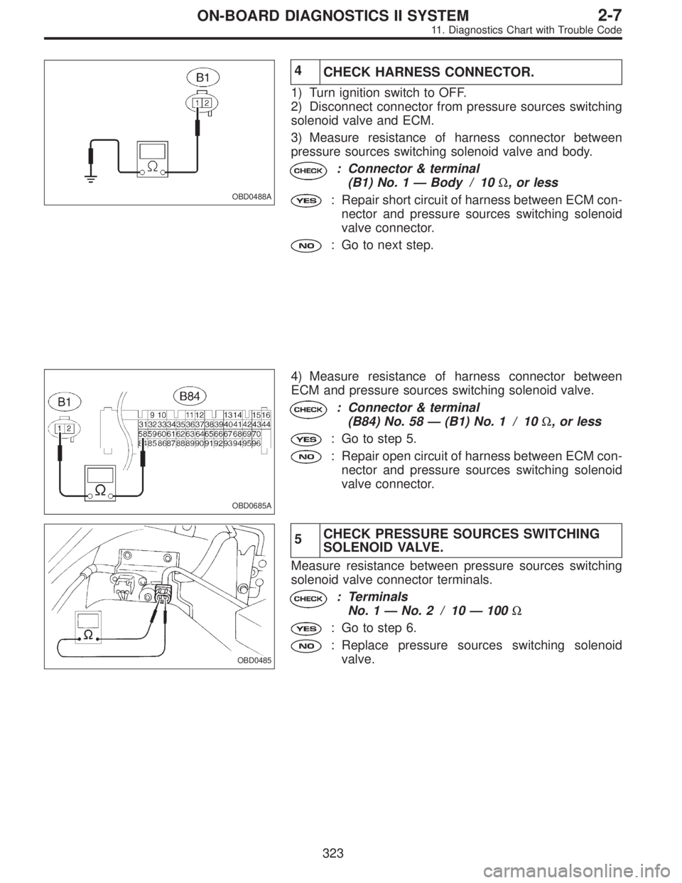 SUBARU LEGACY 1995 Service Repair Manual OBD0488A
4
CHECK HARNESS CONNECTOR.
1) Turn ignition switch to OFF.
2) Disconnect connector from pressure sources switching
solenoid valve and ECM.
3) Measure resistance of harness connector between
p SUBARU LEGACY 1995 Service Repair Manual OBD0488A
4
CHECK HARNESS CONNECTOR.
1) Turn ignition switch to OFF.
2) Disconnect connector from pressure sources switching
solenoid valve and ECM.
3) Measure resistance of harness connector between
p