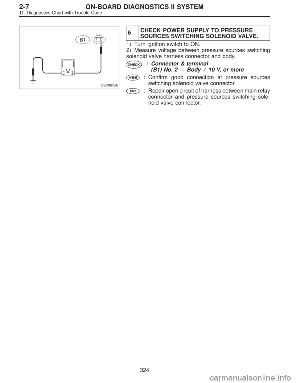SUBARU LEGACY 1995  Service Repair Manual OBD0676A
6CHECK POWER SUPPLY TO PRESSURE
SOURCES SWITCHING SOLENOID VALVE.
1) Turn ignition switch to ON.
2) Measure voltage between pressure sources switching
solenoid valve harness connector and bod