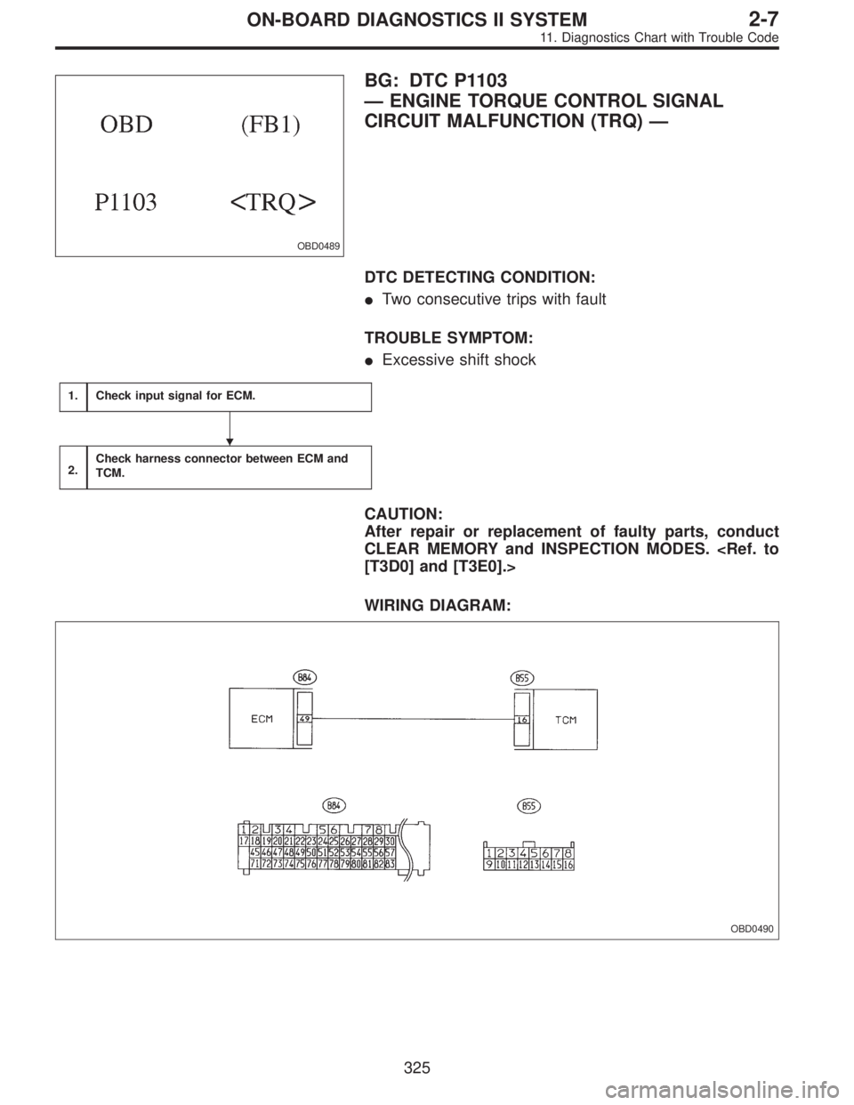 SUBARU LEGACY 1995  Service Repair Manual OBD0489
BG: DTC P1103
—ENGINE TORQUE CONTROL SIGNAL
CIRCUIT MALFUNCTION (TRQ)—
DTC DETECTING CONDITION:
Two consecutive trips with fault
TROUBLE SYMPTOM:
Excessive shift shock
1.Check input sign