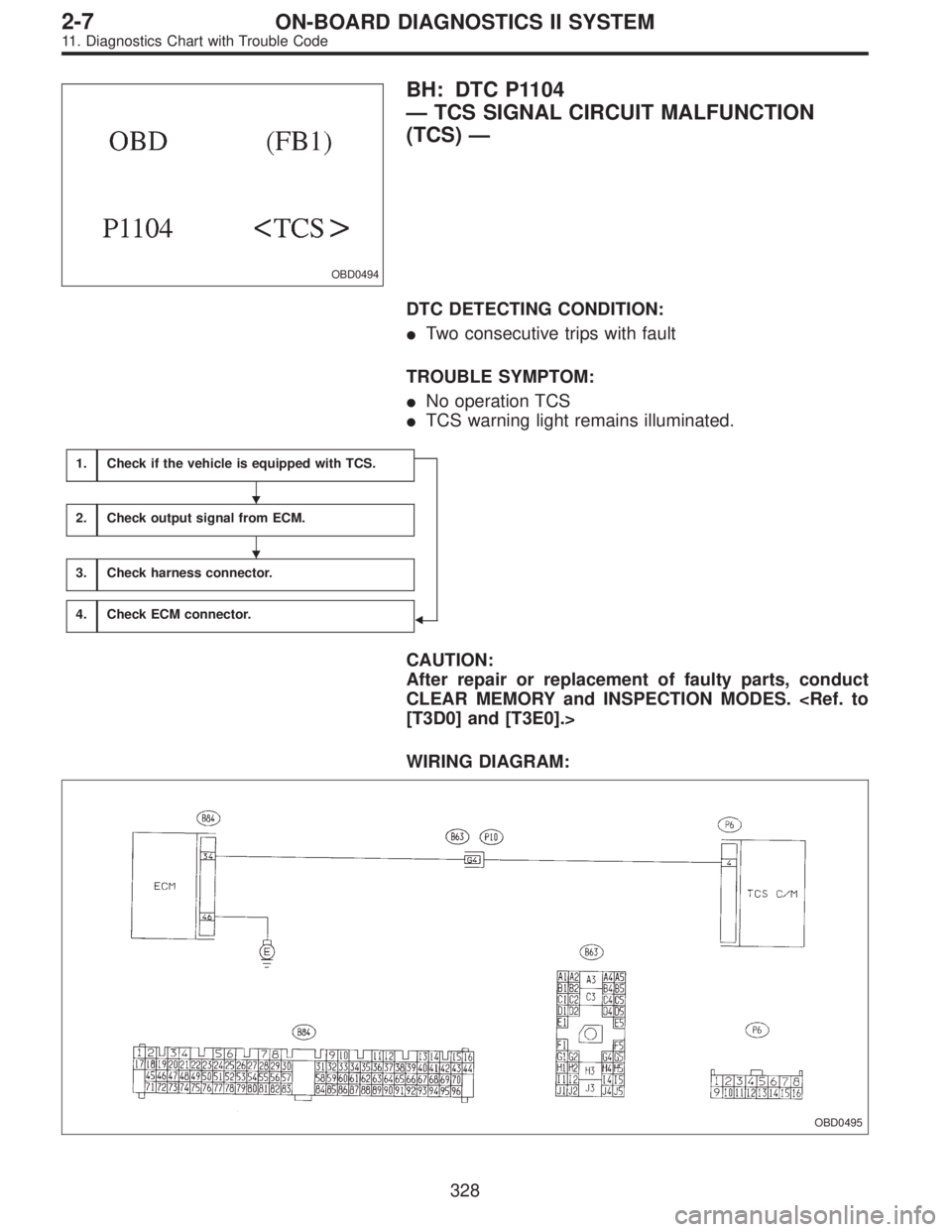 SUBARU LEGACY 1995  Service Repair Manual OBD0494
BH: DTC P1104
—TCS SIGNAL CIRCUIT MALFUNCTION
(TCS)—
DTC DETECTING CONDITION:
Two consecutive trips with fault
TROUBLE SYMPTOM:
No operation TCS
TCS warning light remains illuminated.
1