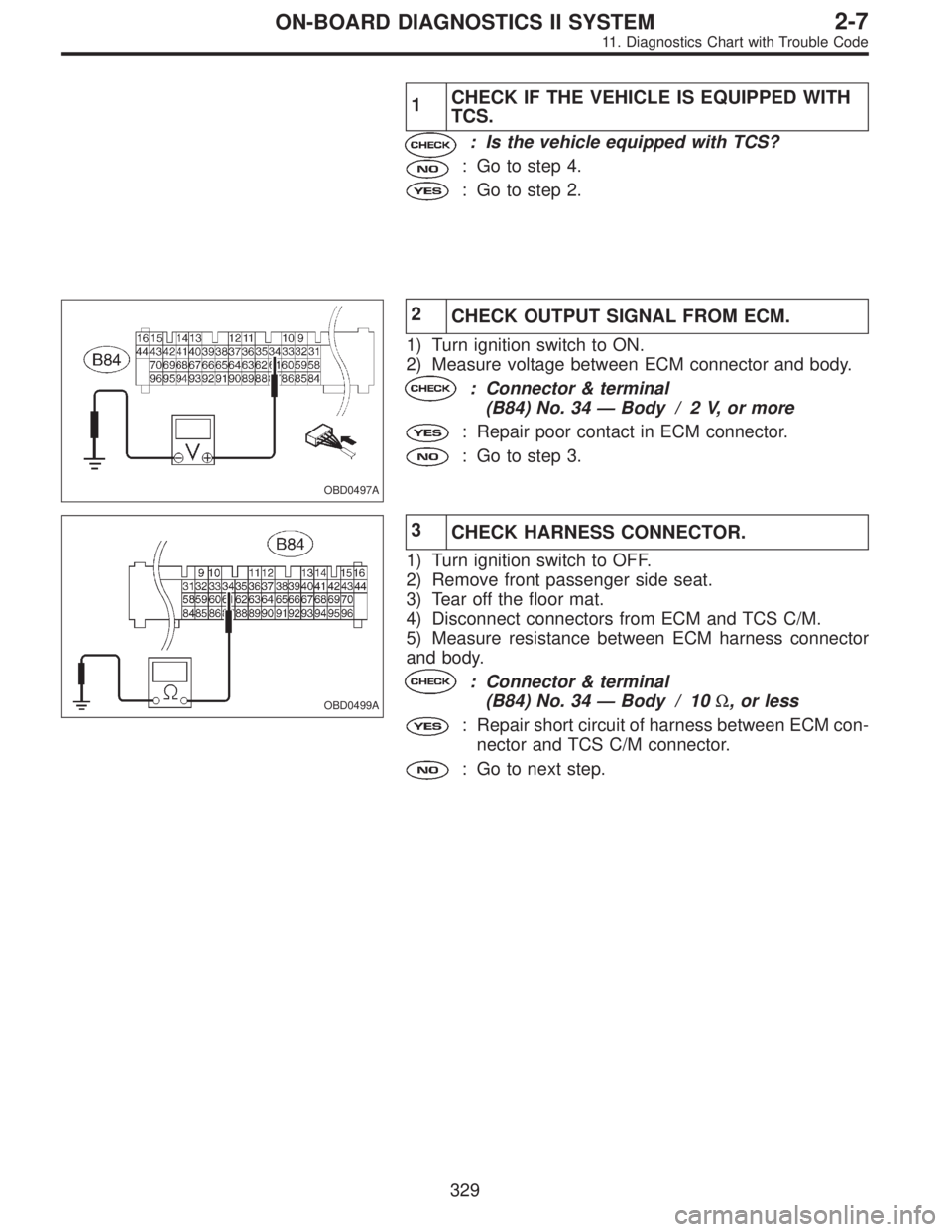 SUBARU LEGACY 1995  Service Repair Manual 1CHECK IF THE VEHICLE IS EQUIPPED WITH
TCS.
: Is the vehicle equipped with TCS?
: Go to step 4.
: Go to step 2.
OBD0497A
2
CHECK OUTPUT SIGNAL FROM ECM.
1) Turn ignition switch to ON.
2) Measure volta