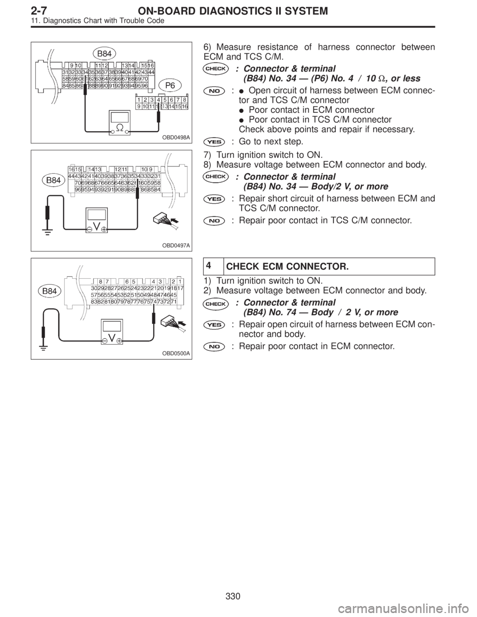SUBARU LEGACY 1995  Service Repair Manual OBD0498A
6) Measure resistance of harness connector between
ECM and TCS C/M.
: Connector & terminal
(B84) No. 34—(P6) No. 4 / 10Ω, or less
:Open circuit of harness between ECM connec-
tor and TCS