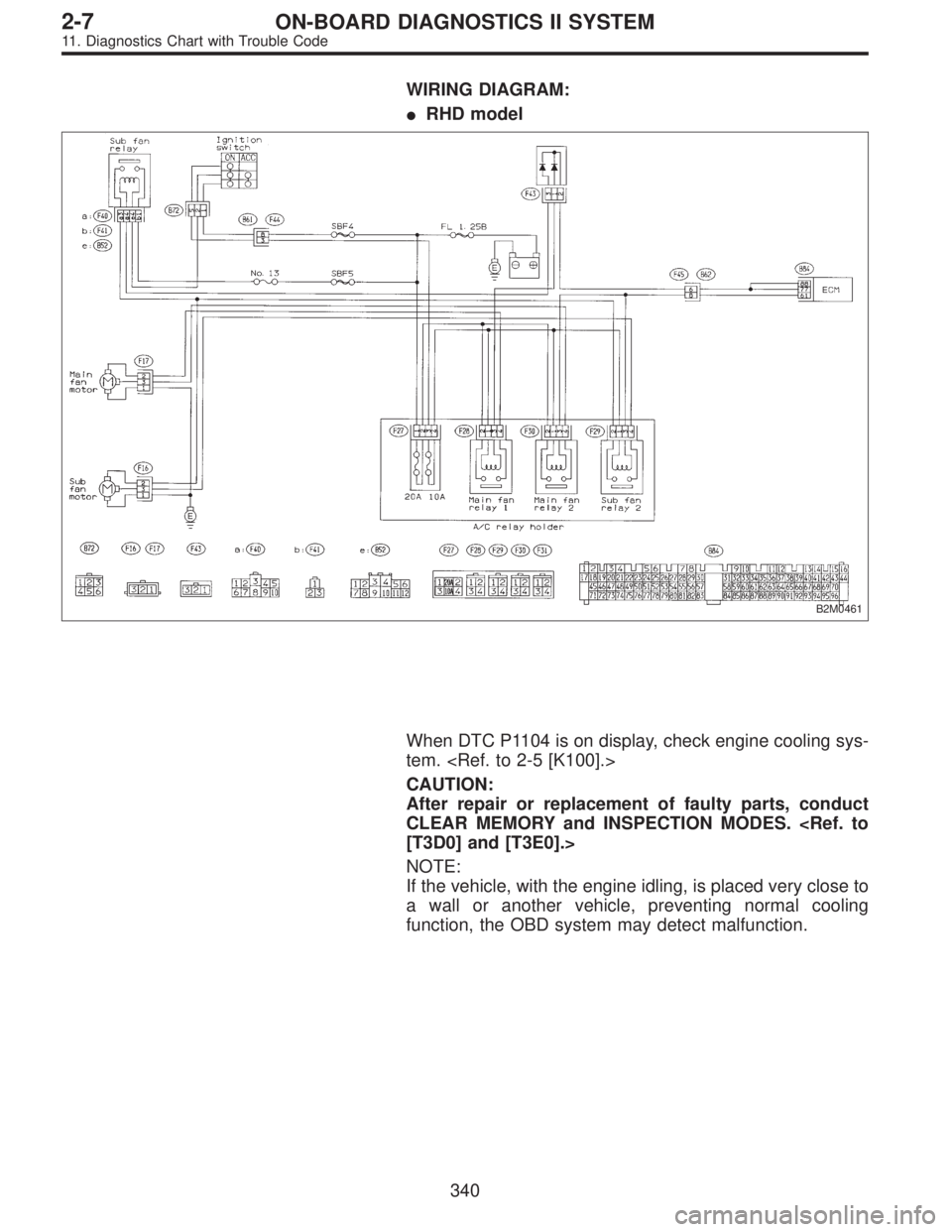 SUBARU LEGACY 1995  Service Repair Manual WIRING DIAGRAM:
RHD model
B2M0461
When DTC P1104 is on display, check engine cooling sys-
tem. <Ref. to 2-5 [K100].>
CAUTION:
After repair or replacement of faulty parts, conduct
CLEAR MEMORY and INS