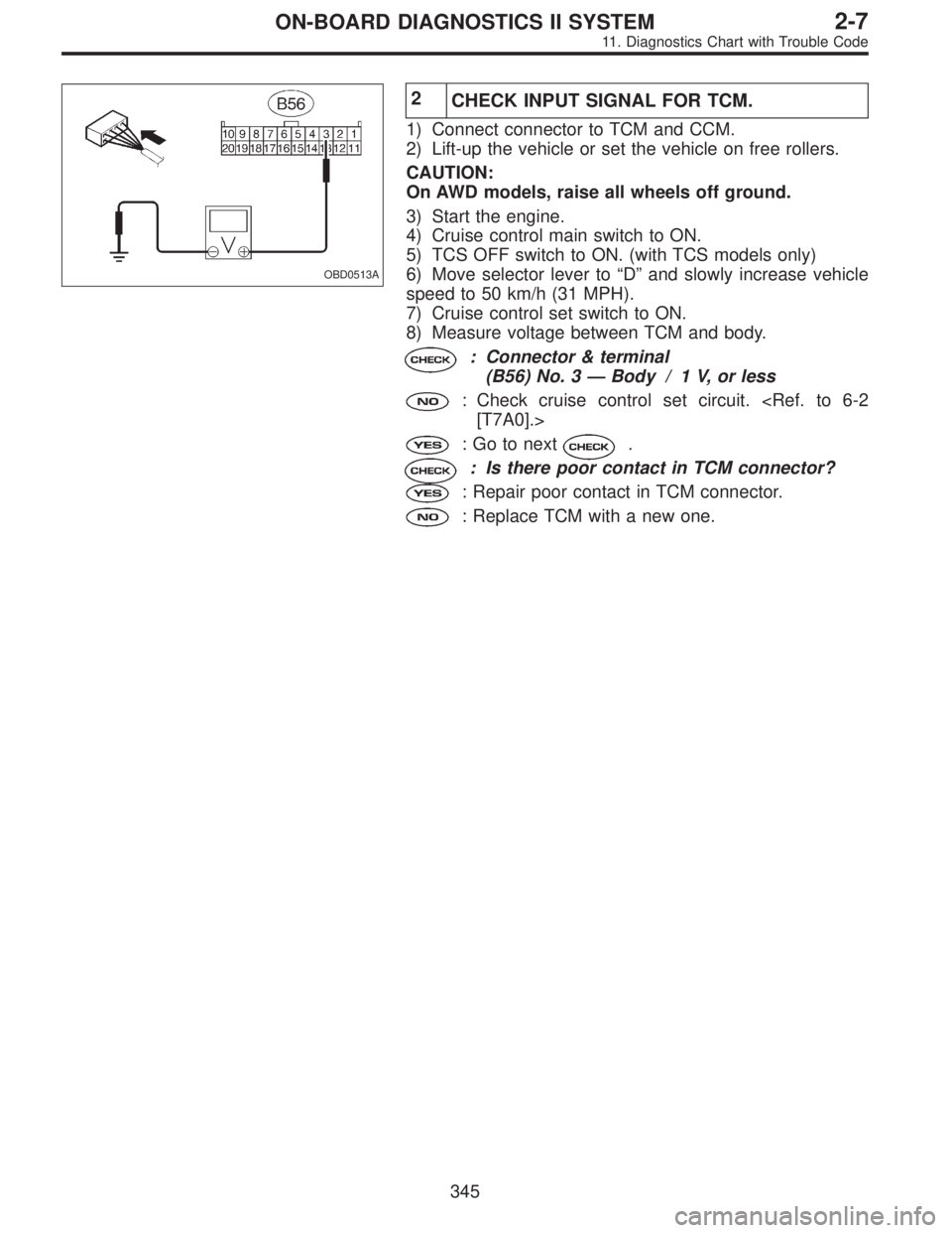 SUBARU LEGACY 1995  Service Repair Manual OBD0513A
2
CHECK INPUT SIGNAL FOR TCM.
1) Connect connector to TCM and CCM.
2) Lift-up the vehicle or set the vehicle on free rollers.
CAUTION:
On AWD models, raise all wheels off ground.
3) Start the