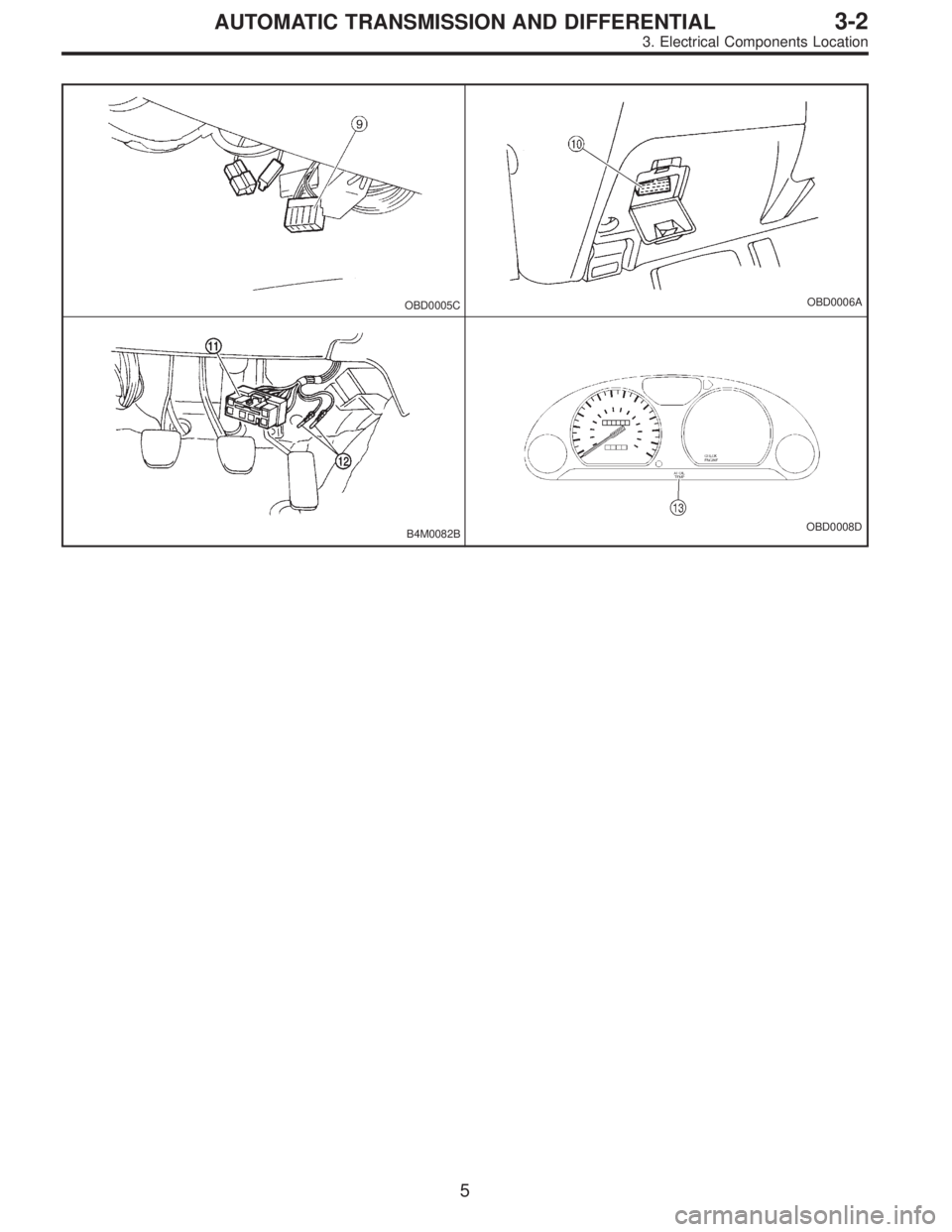 SUBARU LEGACY 1995  Service Repair Manual OBD0005COBD0006A
B4M0082BOBD0008D
5
3-2AUTOMATIC TRANSMISSION AND DIFFERENTIAL
3. Electrical Components Location  