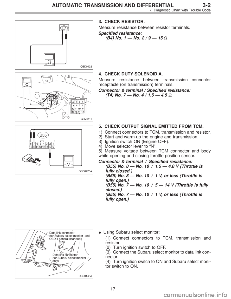 SUBARU LEGACY 1995 Service Repair Manual OBD0432
3. CHECK RESISTOR.
Measure resistance between resistor terminals.
Specified resistance:
(B4) No. 1—No.2/9—15Ω
G3M0111
4. CHECK DUTY SOLENOID A.
Measure resistance between transmission co SUBARU LEGACY 1995 Service Repair Manual OBD0432
3. CHECK RESISTOR.
Measure resistance between resistor terminals.
Specified resistance:
(B4) No. 1—No.2/9—15Ω
G3M0111
4. CHECK DUTY SOLENOID A.
Measure resistance between transmission co