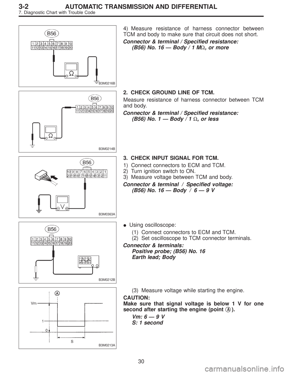 SUBARU LEGACY 1995 Service Repair Manual B3M0216B
4) Measure resistance of harness connector between
TCM and body to make sure that circuit does not short.
Connector & terminal / Specified resistance:
(B56) No. 16—Body/1MΩ, or more
B3M02 SUBARU LEGACY 1995 Service Repair Manual B3M0216B
4) Measure resistance of harness connector between
TCM and body to make sure that circuit does not short.
Connector & terminal / Specified resistance:
(B56) No. 16—Body/1MΩ, or more
B3M02