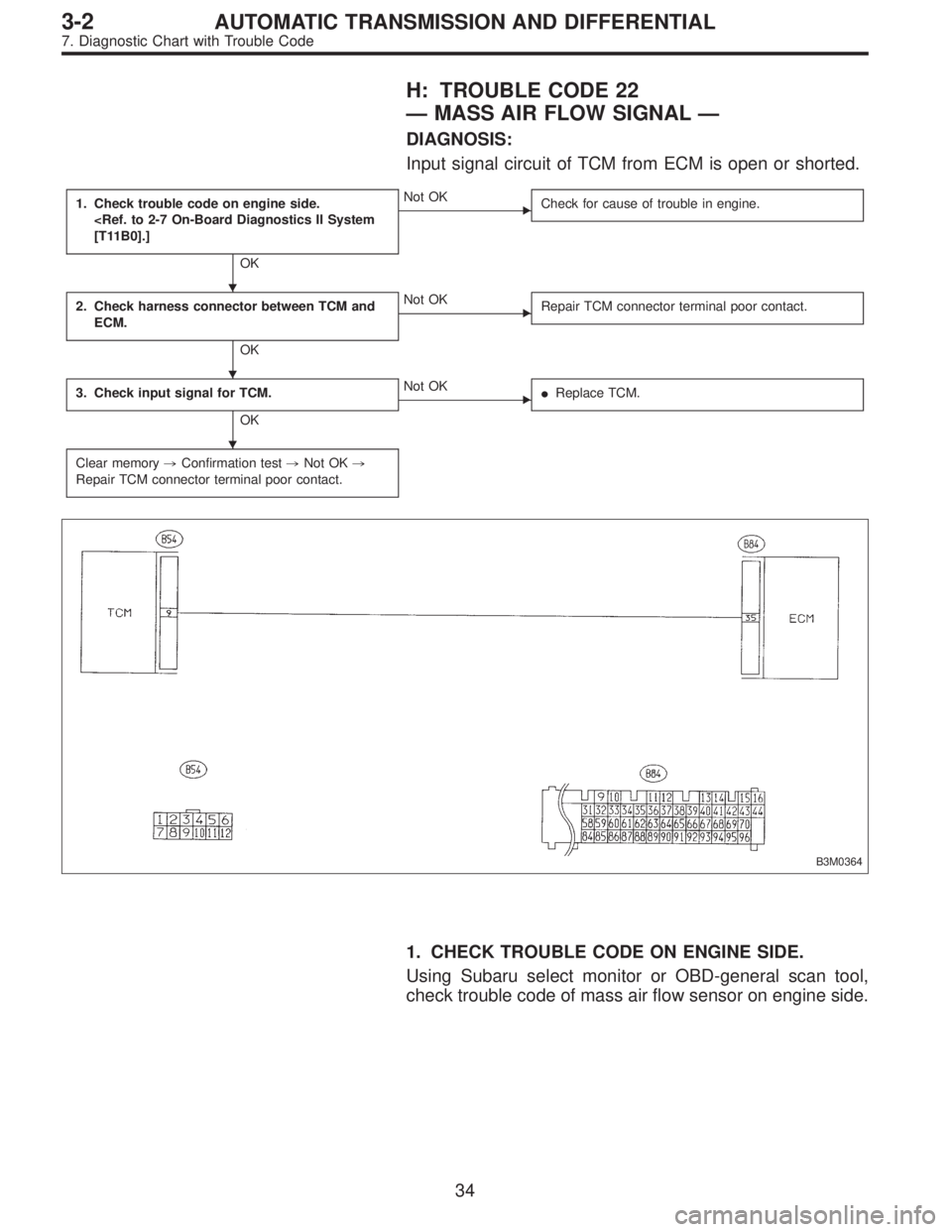SUBARU LEGACY 1995  Service Repair Manual H: TROUBLE CODE 22
—MASS AIR FLOW SIGNAL—
DIAGNOSIS:
Input signal circuit of TCM from ECM is open or shorted.
1. Check trouble code on engine side.
<Ref. to 2-7 On-Board Diagnostics II System
[T11