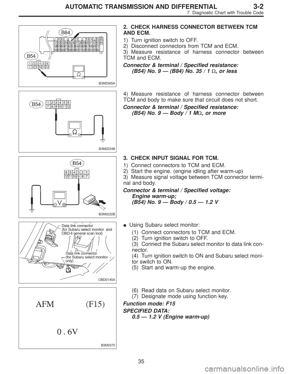 SUBARU LEGACY 1995 Service Repair Manual B3M0365A
2. CHECK HARNESS CONNECTOR BETWEEN TCM
AND ECM.
1) Turn ignition switch to OFF.
2) Disconnect connectors from TCM and ECM.
3) Measure resistance of harness connector between
TCM and ECM.
Conn SUBARU LEGACY 1995 Service Repair Manual B3M0365A
2. CHECK HARNESS CONNECTOR BETWEEN TCM
AND ECM.
1) Turn ignition switch to OFF.
2) Disconnect connectors from TCM and ECM.
3) Measure resistance of harness connector between
TCM and ECM.
Conn
