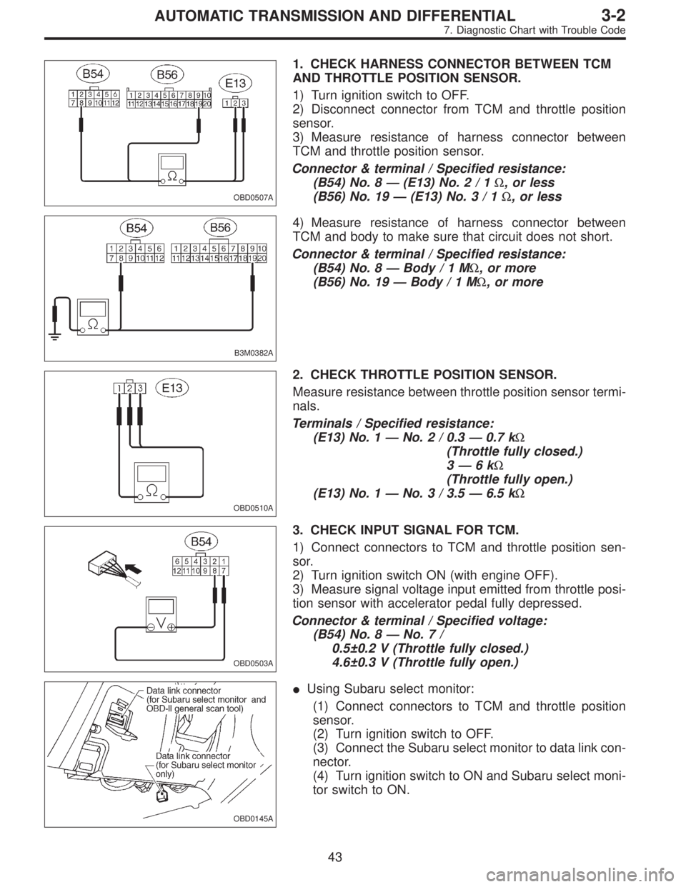 SUBARU LEGACY 1995 Service Repair Manual OBD0507A
1. CHECK HARNESS CONNECTOR BETWEEN TCM
AND THROTTLE POSITION SENSOR.
1) Turn ignition switch to OFF.
2) Disconnect connector from TCM and throttle position
sensor.
3) Measure resistance of ha SUBARU LEGACY 1995 Service Repair Manual OBD0507A
1. CHECK HARNESS CONNECTOR BETWEEN TCM
AND THROTTLE POSITION SENSOR.
1) Turn ignition switch to OFF.
2) Disconnect connector from TCM and throttle position
sensor.
3) Measure resistance of ha