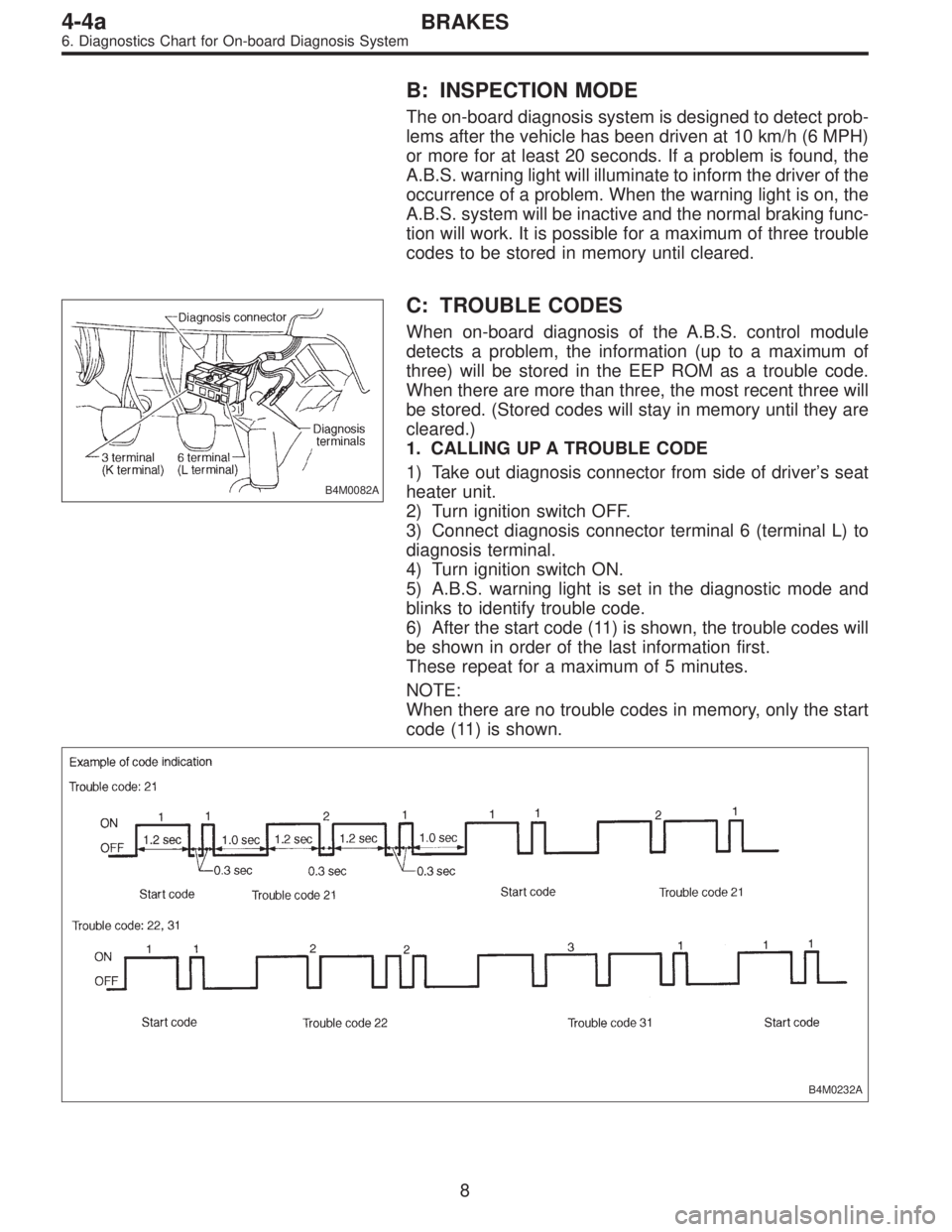 SUBARU LEGACY 1995 Service Repair Manual B: INSPECTION MODE
The on-board diagnosis system is designed to detect prob-
lems after the vehicle has been driven at 10 km/h (6 MPH)
or more for at least 20 seconds. If a problem is found, the
A.B.S SUBARU LEGACY 1995 Service Repair Manual B: INSPECTION MODE
The on-board diagnosis system is designed to detect prob-
lems after the vehicle has been driven at 10 km/h (6 MPH)
or more for at least 20 seconds. If a problem is found, the
A.B.S