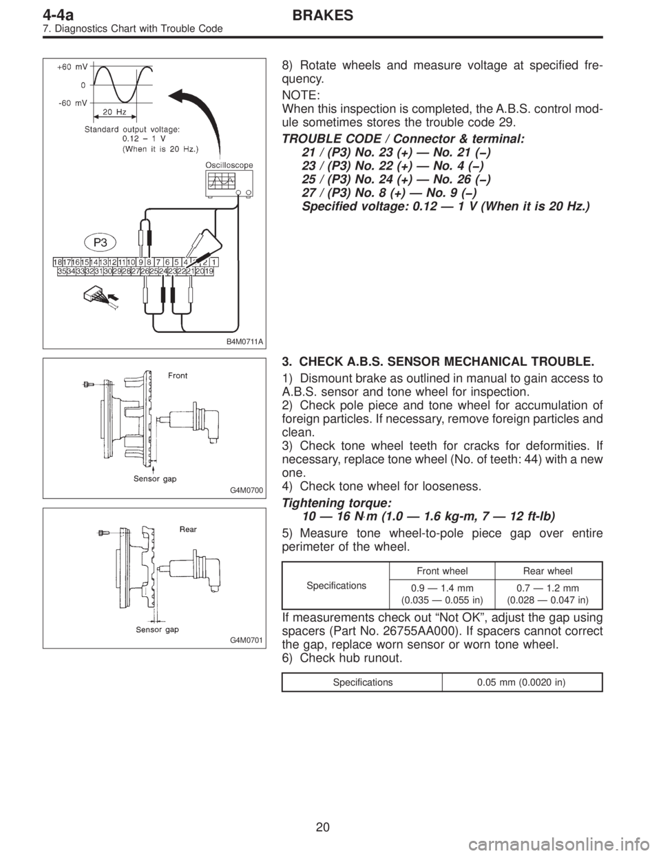 SUBARU LEGACY 1995 Service Repair Manual B4M0711A
8) Rotate wheels and measure voltage at specified fre-
quency.
NOTE:
When this inspection is completed, the A.B.S. control mod-
ule sometimes stores the trouble code 29.
TROUBLE CODE / Connec SUBARU LEGACY 1995 Service Repair Manual B4M0711A
8) Rotate wheels and measure voltage at specified fre-
quency.
NOTE:
When this inspection is completed, the A.B.S. control mod-
ule sometimes stores the trouble code 29.
TROUBLE CODE / Connec
