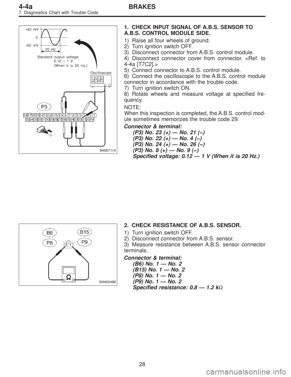 SUBARU LEGACY 1995 Service Repair Manual B4M0711A
1. CHECK INPUT SIGNAL OF A.B.S. SENSOR TO
A.B.S. CONTROL MODULE SIDE.
1) Raise all four wheels of ground.
2) Turn ignition switch OFF.
3) Disconnect connector from A.B.S. control module.
4) D SUBARU LEGACY 1995 Service Repair Manual B4M0711A
1. CHECK INPUT SIGNAL OF A.B.S. SENSOR TO
A.B.S. CONTROL MODULE SIDE.
1) Raise all four wheels of ground.
2) Turn ignition switch OFF.
3) Disconnect connector from A.B.S. control module.
4) D