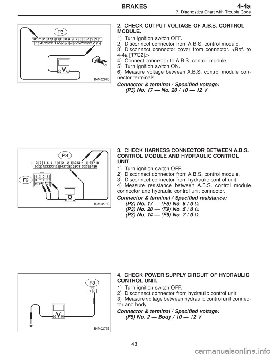 SUBARU LEGACY 1995 Service Repair Manual B4M0267B
2. CHECK OUTPUT VOLTAGE OF A.B.S. CONTROL
MODULE.
1) Turn ignition switch OFF.
2) Disconnect connector from A.B.S. control module.
3) Disconnect connector cover from connector. <Ref. to
4-4a SUBARU LEGACY 1995 Service Repair Manual B4M0267B
2. CHECK OUTPUT VOLTAGE OF A.B.S. CONTROL
MODULE.
1) Turn ignition switch OFF.
2) Disconnect connector from A.B.S. control module.
3) Disconnect connector cover from connector. <Ref. to
4-4a