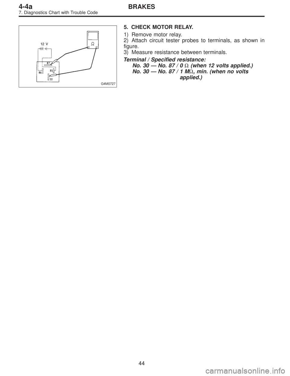 SUBARU LEGACY 1995  Service Repair Manual G4M0727
5. CHECK MOTOR RELAY.
1) Remove motor relay.
2) Attach circuit tester probes to terminals, as shown in
figure.
3) Measure resistance between terminals.
Terminal / Specified resistance:
No. 30