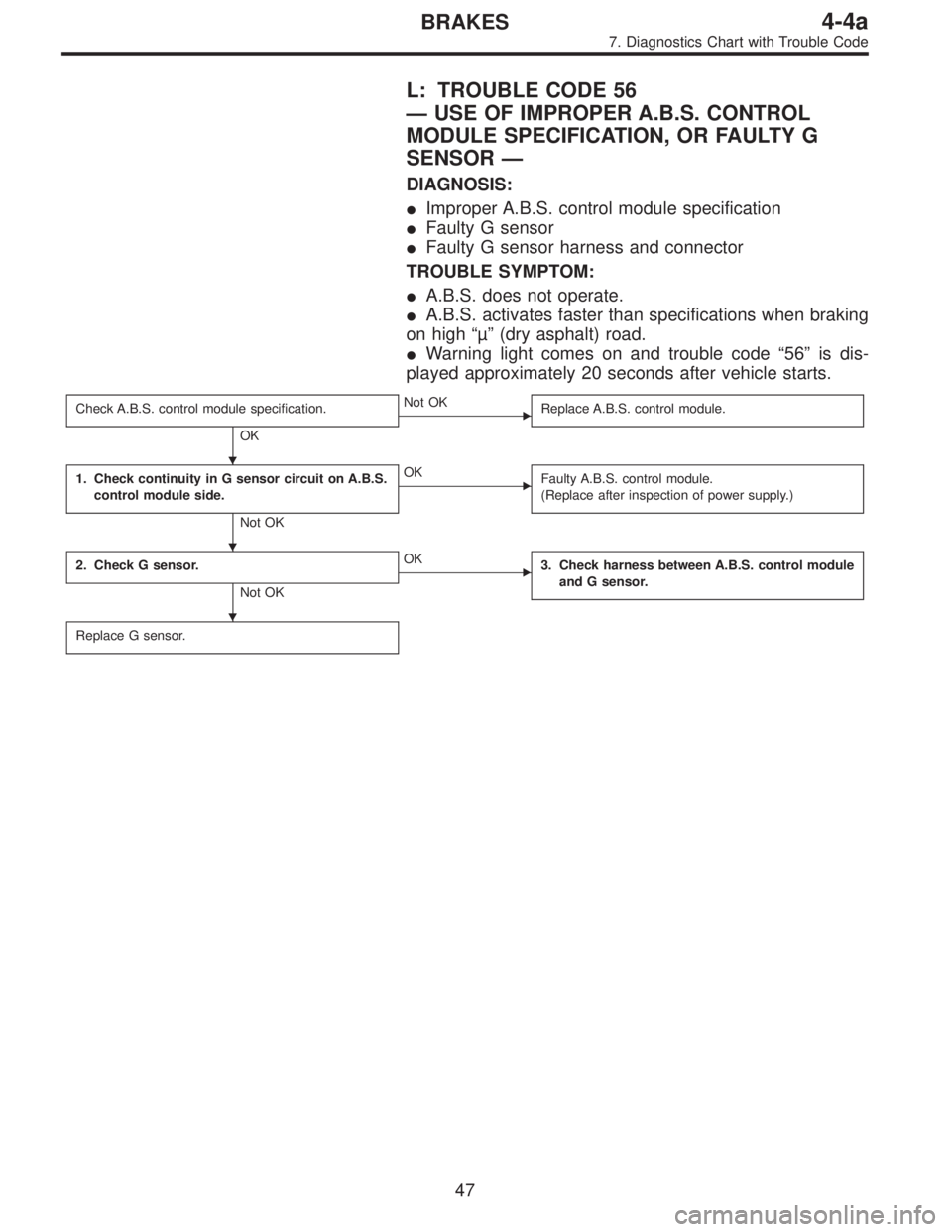 SUBARU LEGACY 1995  Service Repair Manual L: TROUBLE CODE 56
—USE OF IMPROPER A.B.S. CONTROL
MODULE SPECIFICATION, OR FAULTY G
SENSOR—
DIAGNOSIS:
Improper A.B.S. control module specification
Faulty G sensor
Faulty G sensor harness and 