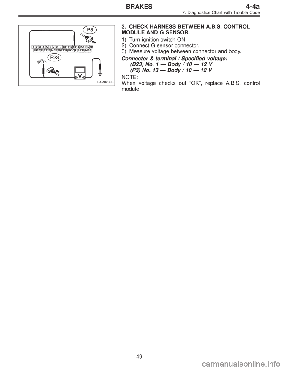 SUBARU LEGACY 1995  Service Repair Manual B4M0283B
3. CHECK HARNESS BETWEEN A.B.S. CONTROL
MODULE AND G SENSOR.
1) Turn ignition switch ON.
2) Connect G sensor connector.
3) Measure voltage between connector and body.
Connector & terminal / S