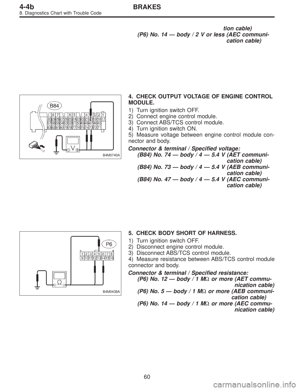 SUBARU LEGACY 1995 Service Repair Manual tion cable)
(P6) No. 14—body/2Vorless (AEC communi-
cation cable)
B4M0740A
4. CHECK OUTPUT VOLTAGE OF ENGINE CONTROL
MODULE.
1) Turn ignition switch OFF.
2) Connect engine control module.
3) Connect SUBARU LEGACY 1995 Service Repair Manual tion cable)
(P6) No. 14—body/2Vorless (AEC communi-
cation cable)
B4M0740A
4. CHECK OUTPUT VOLTAGE OF ENGINE CONTROL
MODULE.
1) Turn ignition switch OFF.
2) Connect engine control module.
3) Connect