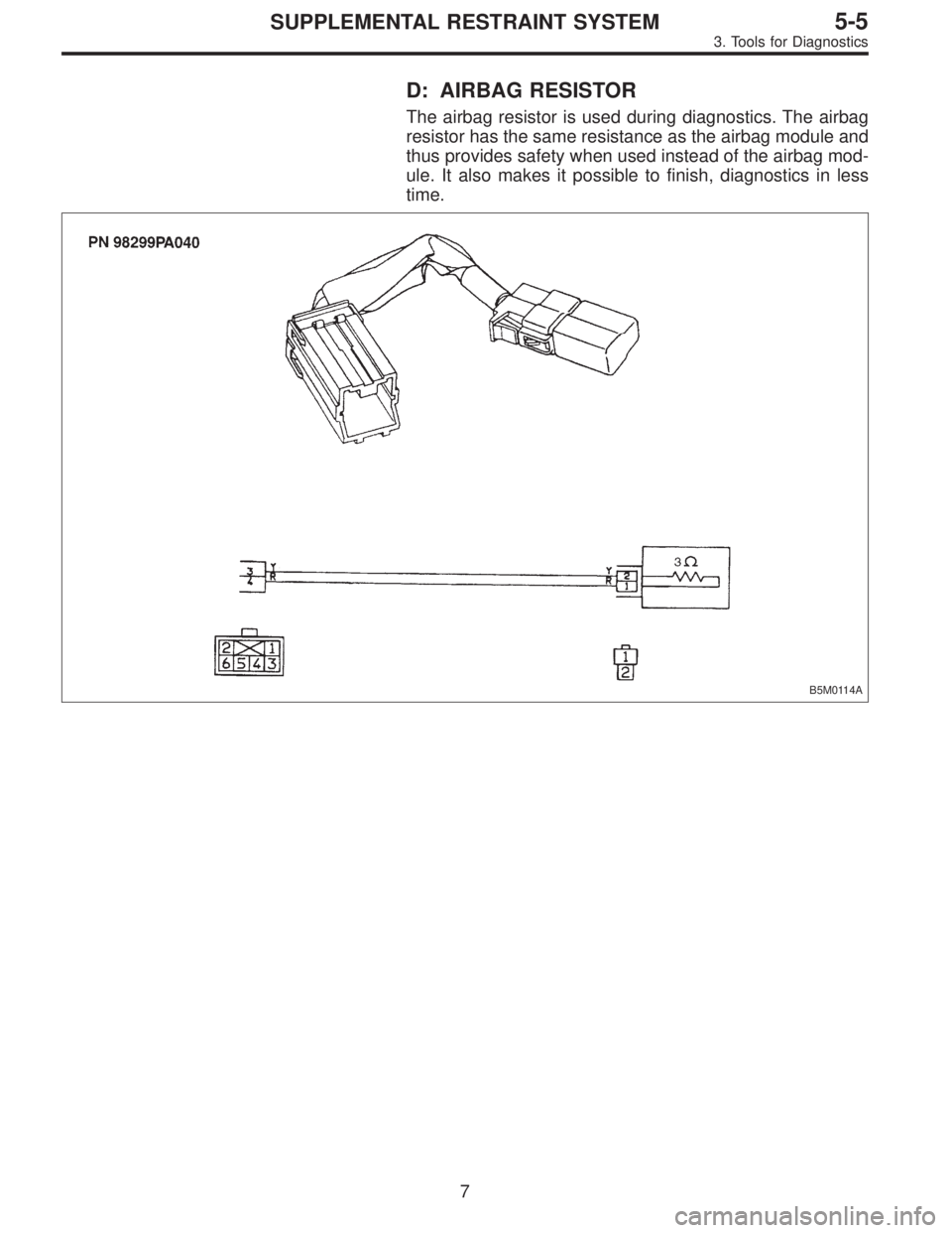 SUBARU LEGACY 1995  Service Repair Manual D: AIRBAG RESISTOR
The airbag resistor is used during diagnostics. The airbag
resistor has the same resistance as the airbag module and
thus provides safety when used instead of the airbag mod-
ule. I
