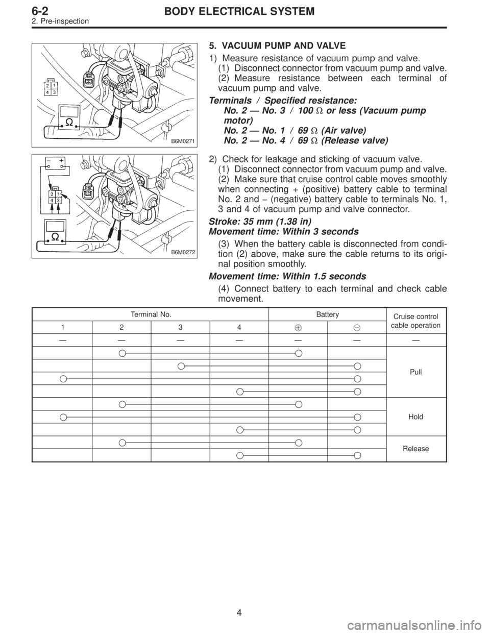 SUBARU LEGACY 1995 Service Repair Manual B6M0271
5. VACUUM PUMP AND VALVE
1) Measure resistance of vacuum pump and valve.
(1) Disconnect connector from vacuum pump and valve.
(2) Measure resistance between each terminal of
vacuum pump and va SUBARU LEGACY 1995 Service Repair Manual B6M0271
5. VACUUM PUMP AND VALVE
1) Measure resistance of vacuum pump and valve.
(1) Disconnect connector from vacuum pump and valve.
(2) Measure resistance between each terminal of
vacuum pump and va