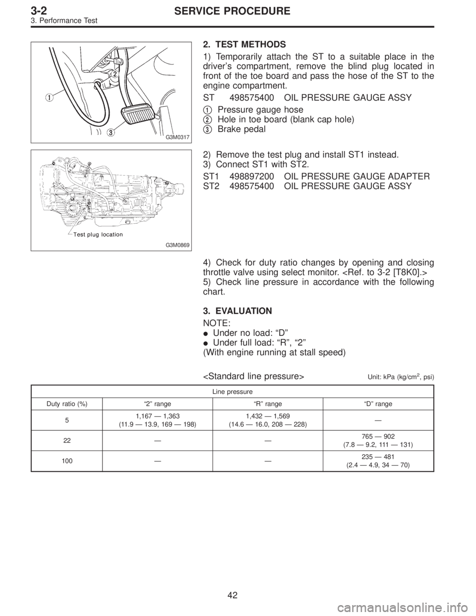 SUBARU LEGACY 1995  Service Repair Manual G3M0317
2. TEST METHODS
1) Temporarily attach the ST to a suitable place in the
driver’s compartment, remove the blind plug located in
front of the toe board and pass the hose of the ST to the
engin