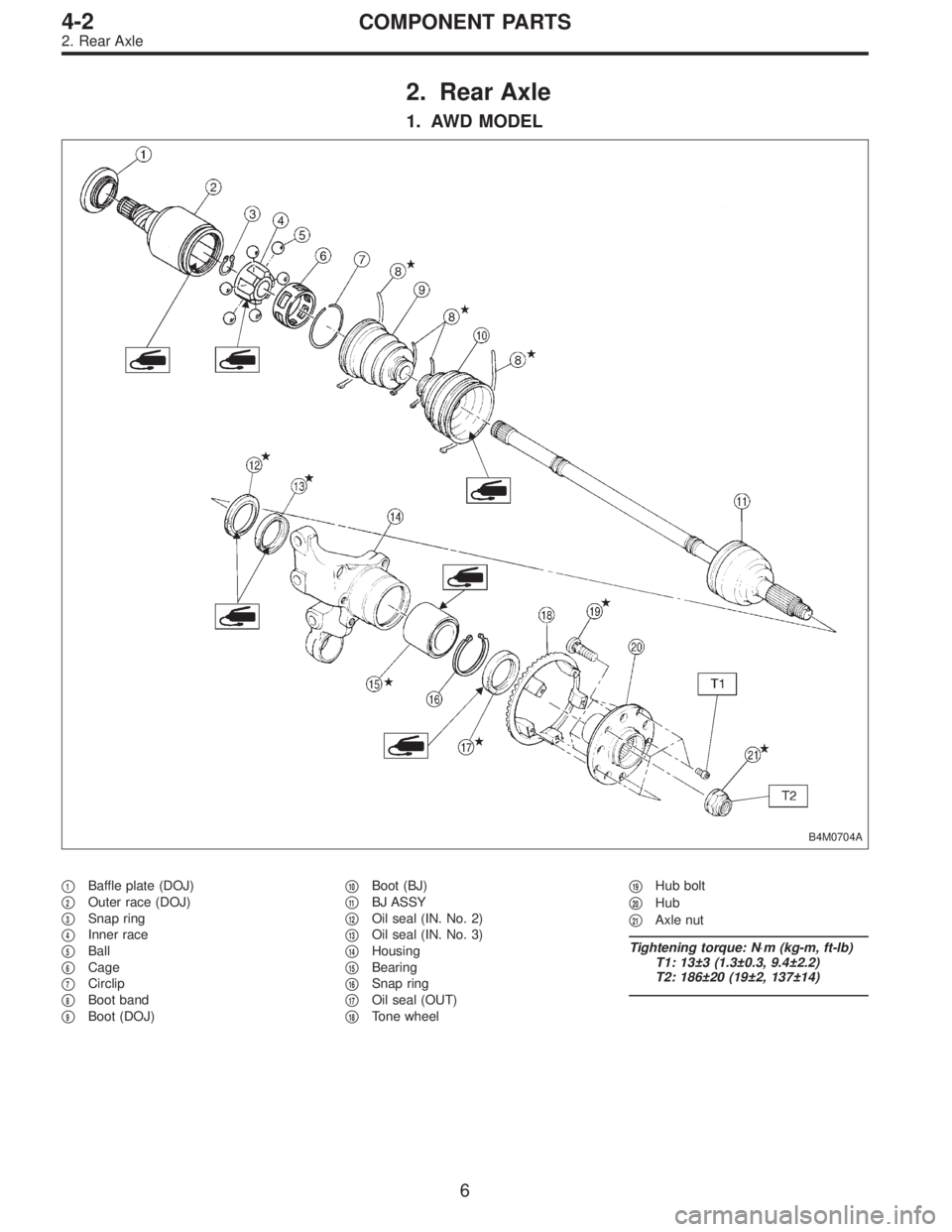 SUBARU LEGACY 1995  Service Repair Manual 2. Rear Axle
1. AWD MODEL
B4M0704A
1Baffle plate (DOJ)

2Outer race (DOJ)

3Snap ring

4Inner race

5Ball

6Cage

7Circlip

8Boot band

9Boot (DOJ)
10Boot (BJ)

11BJ ASSY

12Oil seal (IN. 