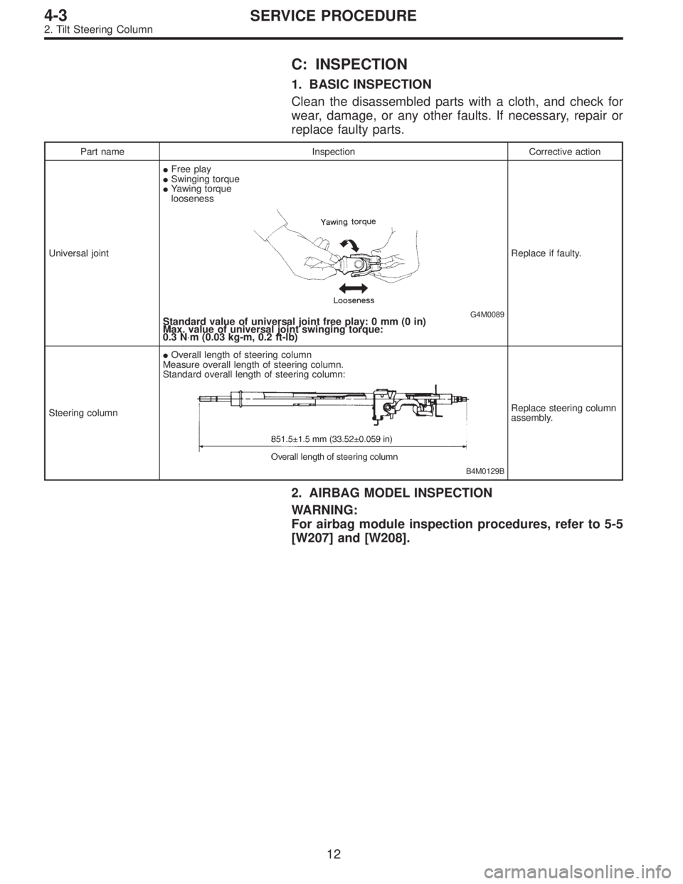 SUBARU LEGACY 1995  Service Repair Manual C: INSPECTION
1. BASIC INSPECTION
Clean the disassembled parts with a cloth, and check for
wear, damage, or any other faults. If necessary, repair or
replace faulty parts.
Part name Inspection Correct
