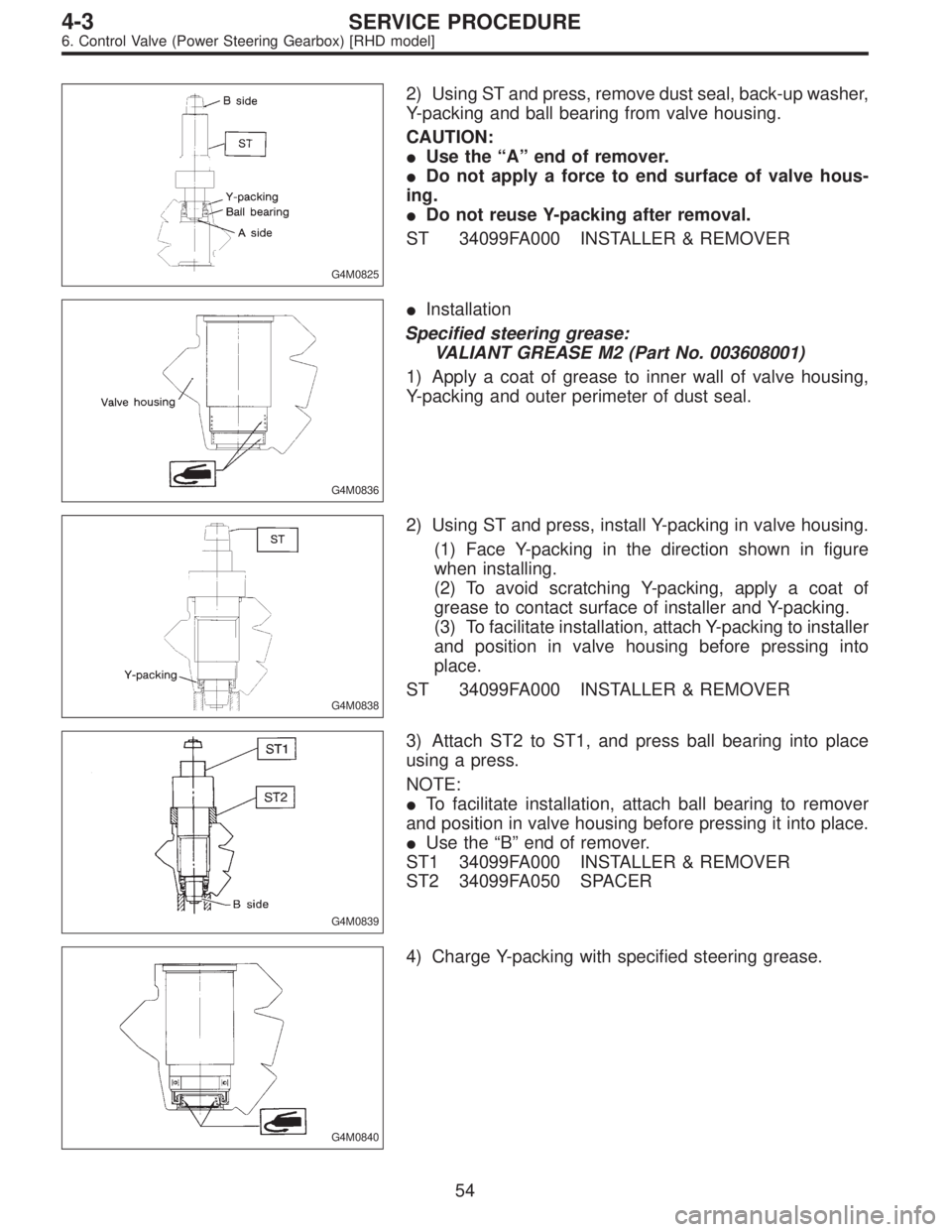 SUBARU LEGACY 1995 Service Repair Manual G4M0825
2) Using ST and press, remove dust seal, back-up washer,
Y-packing and ball bearing from valve housing.
CAUTION:
Use the“A”end of remover.
Do not apply a force to end surface of valve ho SUBARU LEGACY 1995 Service Repair Manual G4M0825
2) Using ST and press, remove dust seal, back-up washer,
Y-packing and ball bearing from valve housing.
CAUTION:
Use the“A”end of remover.
Do not apply a force to end surface of valve ho
