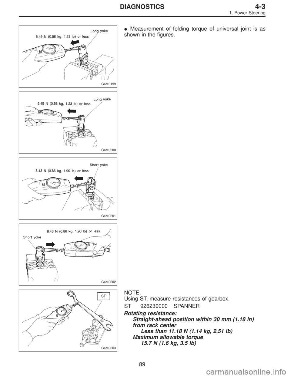 SUBARU LEGACY 1995  Service Repair Manual G4M0199
Measurement of folding torque of universal joint is as
shown in the figures.
G4M0200
G4M0201
G4M0202
G4M0203
NOTE:
Using ST, measure resistances of gearbox.
ST 926230000 SPANNER
Rotating resi