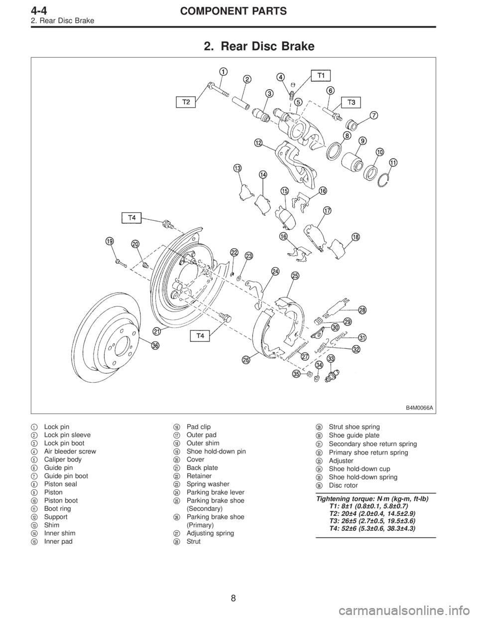 SUBARU LEGACY 1995  Service Repair Manual 2. Rear Disc Brake
B4M0066A
1Lock pin

2Lock pin sleeve

3Lock pin boot

4Air bleeder screw

5Caliper body

6Guide pin

7Guide pin boot

8Piston seal

9Piston

10Piston boot

11Boot ring

