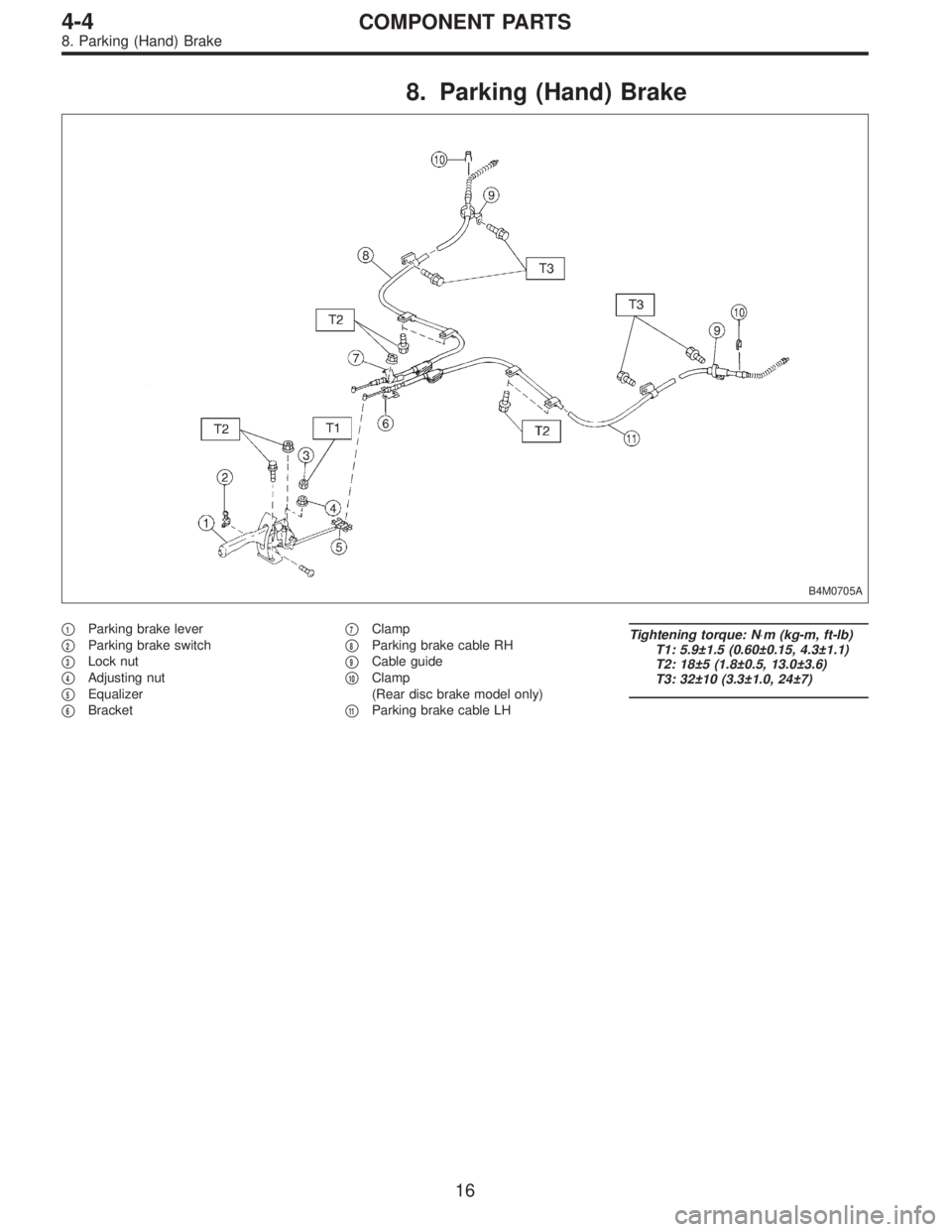 SUBARU LEGACY 1995  Service Repair Manual 8. Parking (Hand) Brake
B4M0705A
1Parking brake lever

2Parking brake switch

3Lock nut

4Adjusting nut

5Equalizer

6Bracket
7Clamp

8Parking brake cable RH

9Cable guide

10Clamp
(Rear dis