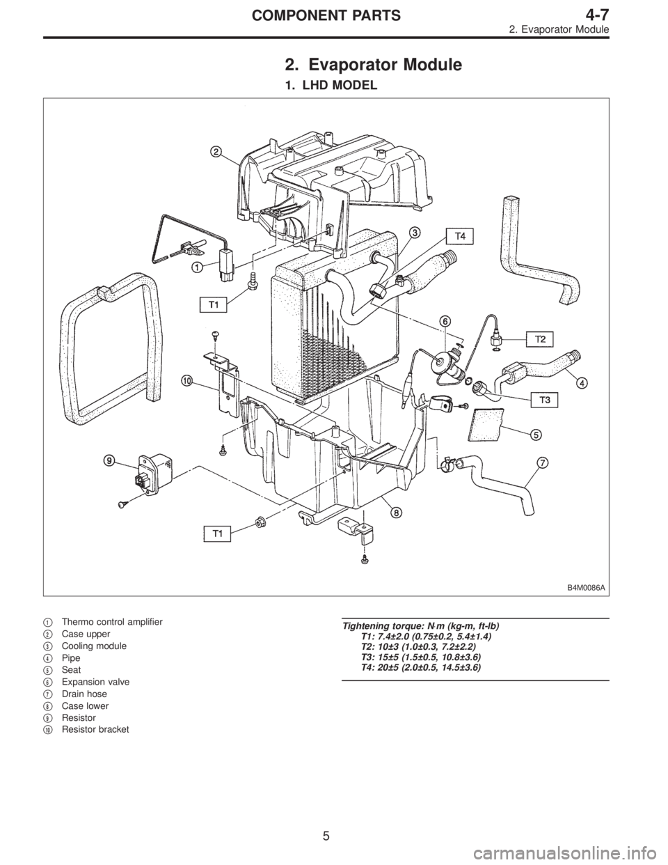 SUBARU LEGACY 1995  Service Repair Manual 2. Evaporator Module
1. LHD MODEL
B4M0086A
1Thermo control amplifier

2Case upper

3Cooling module

4Pipe

5Seat

6Expansion valve

7Drain hose

8Case lower

9Resistor

10Resistor bracket
Ti