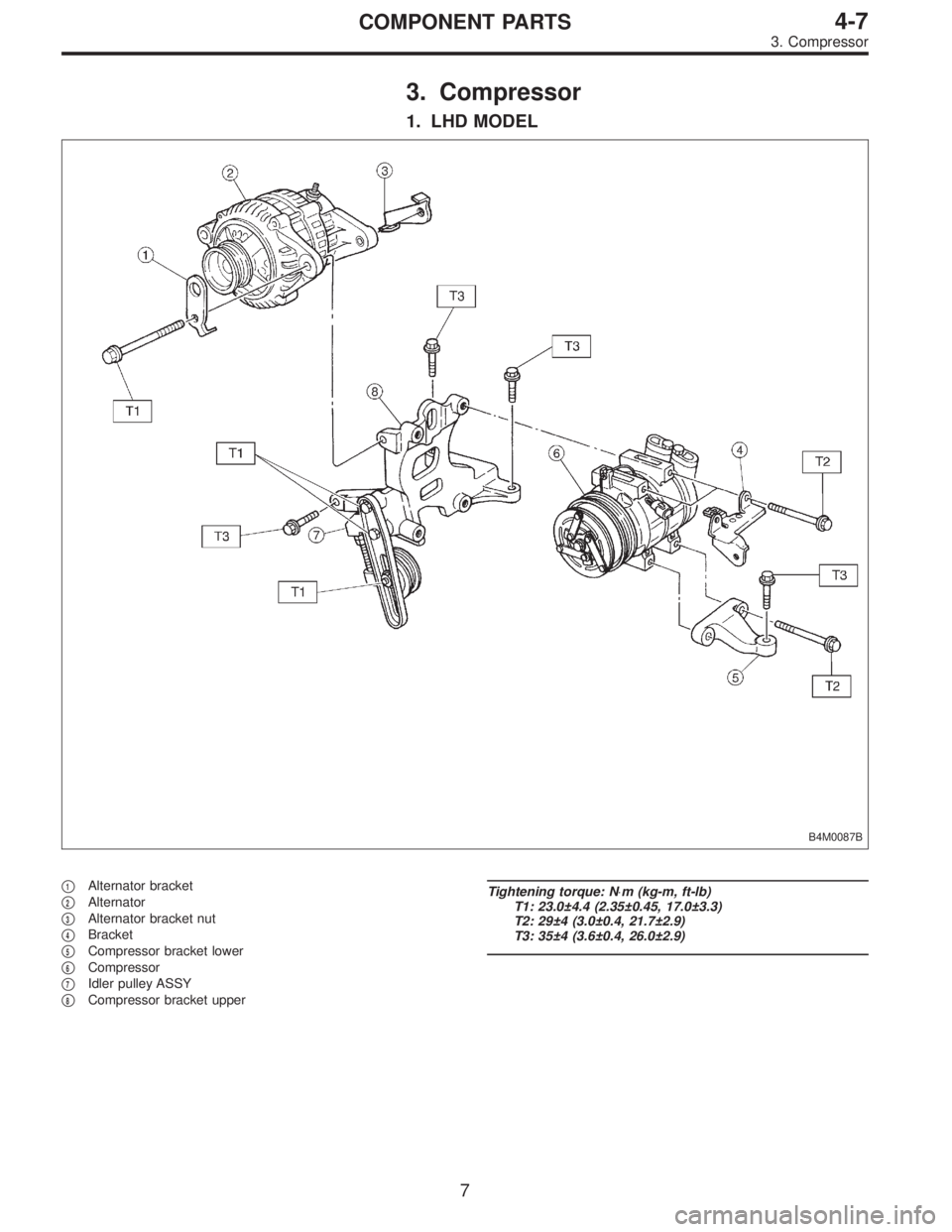 SUBARU LEGACY 1995  Service Repair Manual 3. Compressor
1. LHD MODEL
B4M0087B
1Alternator bracket

2Alternator

3Alternator bracket nut

4Bracket

5Compressor bracket lower

6Compressor

7Idler pulley ASSY

8Compressor bracket upper
T
