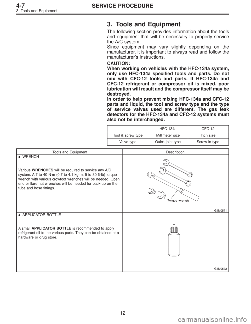 SUBARU LEGACY 1995  Service Repair Manual 3. Tools and Equipment
The following section provides information about the tools
and equipment that will be necessary to properly service
the A/C system.
Since equipment may vary slightly depending o