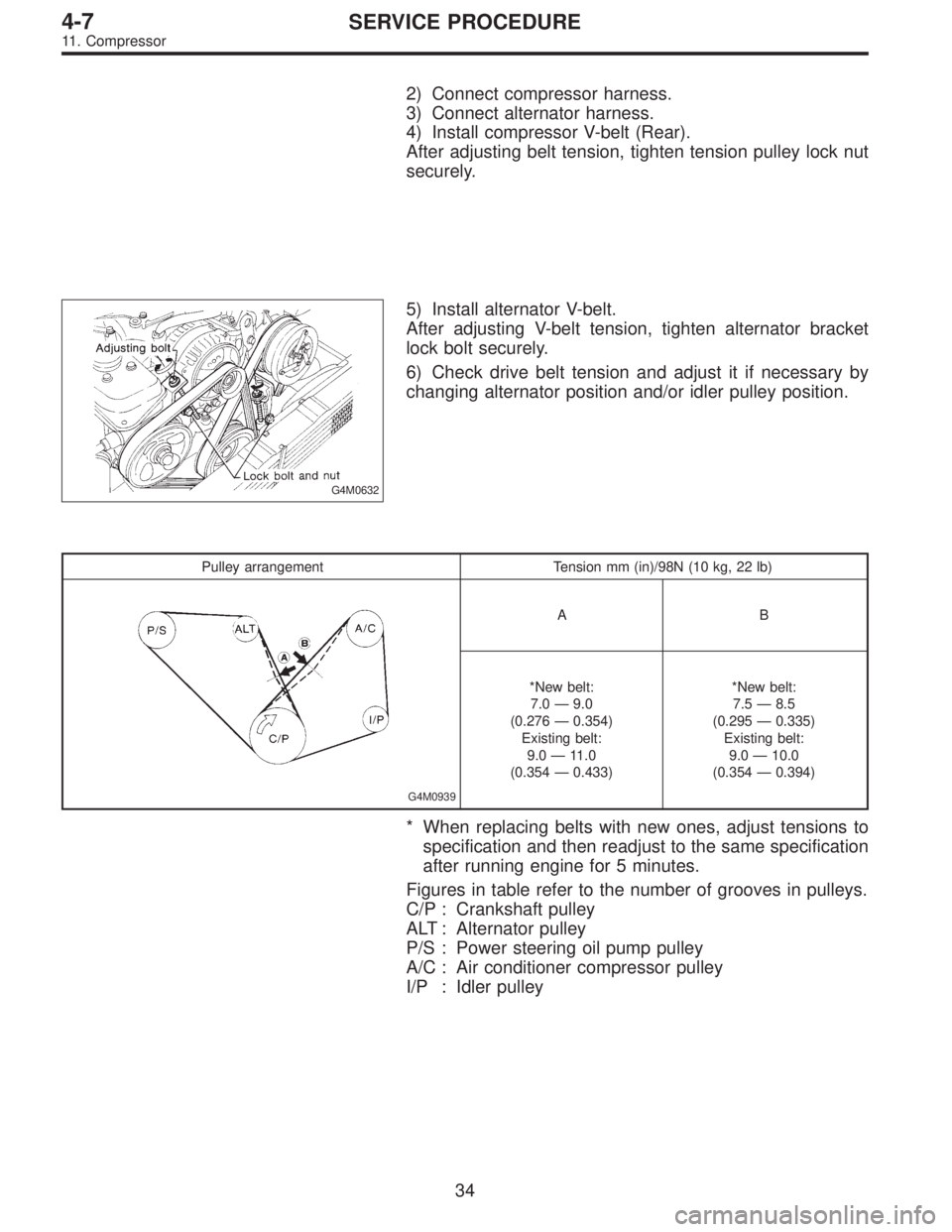 SUBARU LEGACY 1995 Service Repair Manual 2) Connect compressor harness.
3) Connect alternator harness.
4) Install compressor V-belt (Rear).
After adjusting belt tension, tighten tension pulley lock nut
securely.
G4M0632
5) Install alternator SUBARU LEGACY 1995 Service Repair Manual 2) Connect compressor harness.
3) Connect alternator harness.
4) Install compressor V-belt (Rear).
After adjusting belt tension, tighten tension pulley lock nut
securely.
G4M0632
5) Install alternator