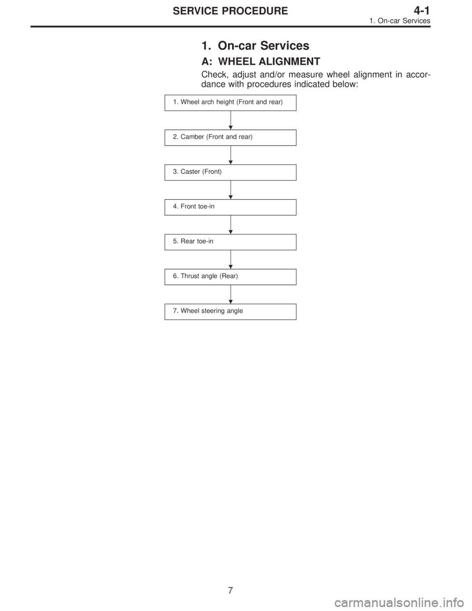 SUBARU LEGACY 1996  Service Repair Manual 1. On-car Services
A: WHEEL ALIGNMENT
Check, adjust and/or measure wheel alignment in accor-
dance with procedures indicated below:
1. Wheel arch height (Front and rear)
2. Camber (Front and rear)
3. 