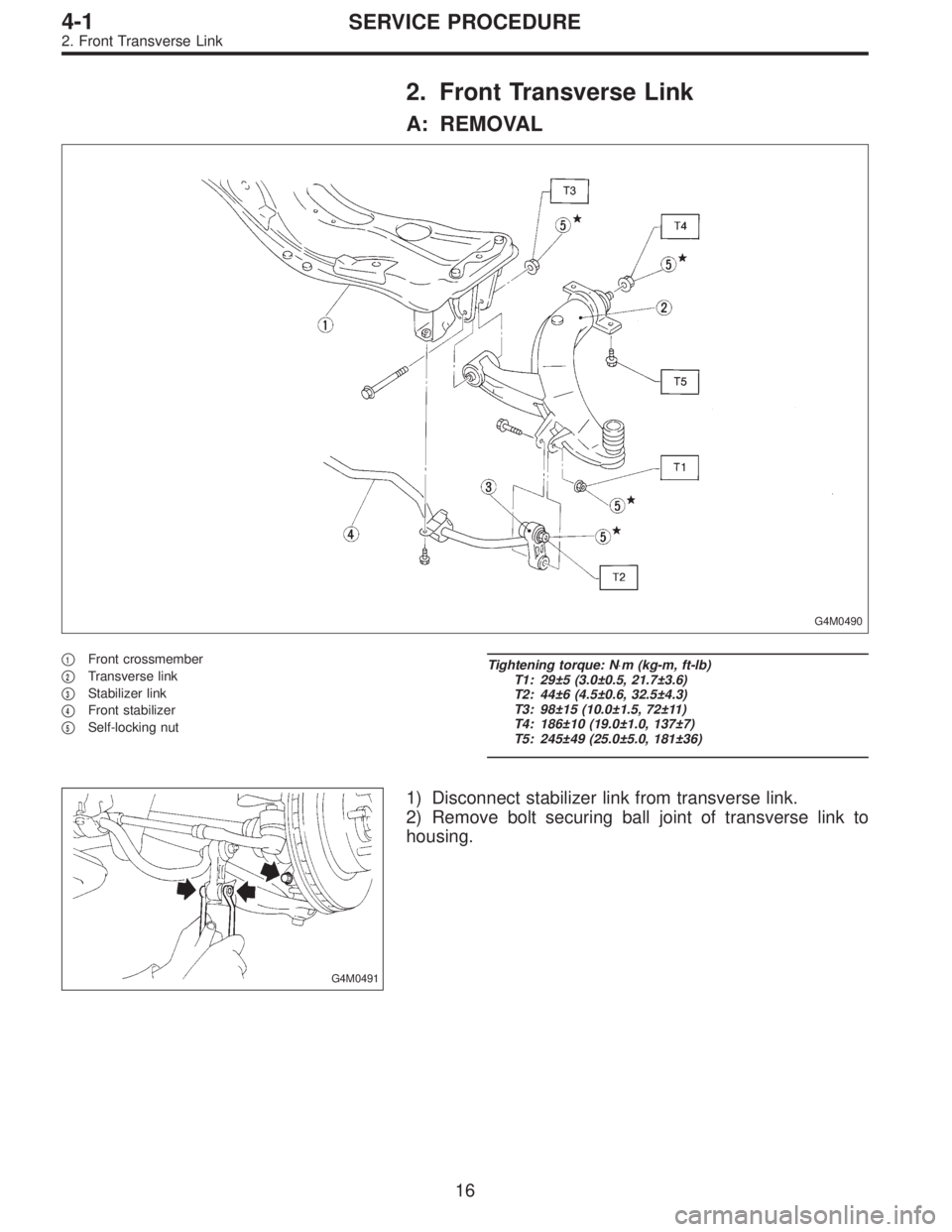 SUBARU LEGACY 1996  Service Repair Manual 2. Front Transverse Link
A: REMOVAL
G4M0490
1Front crossmember

2Transverse link

3Stabilizer link

4Front stabilizer

5Self-locking nut
Tightening torque: N⋅m (kg-m, ft-lb)
T1: 29±5 (3.0±0.5