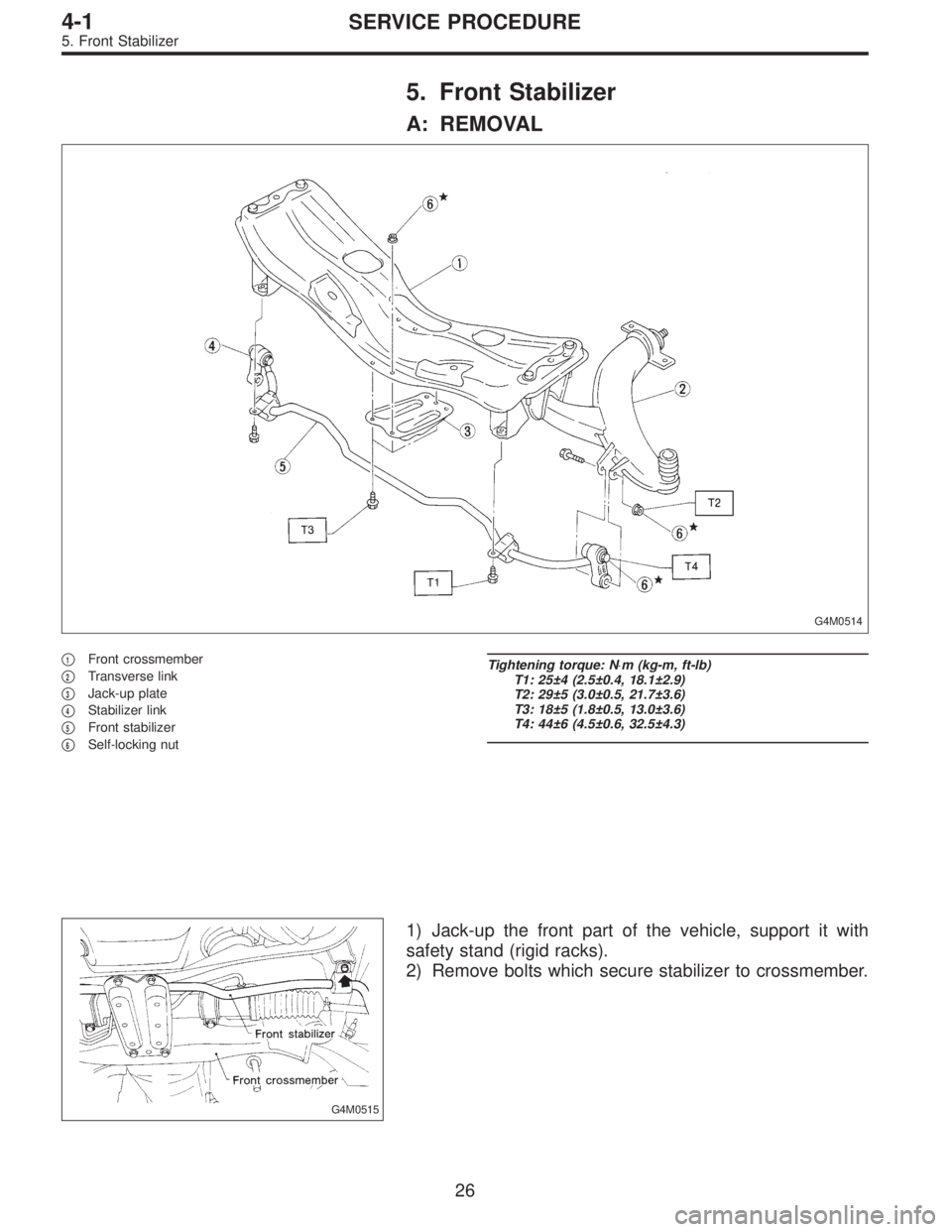 SUBARU LEGACY 1996  Service Repair Manual 5. Front Stabilizer
A: REMOVAL
G4M0514
1Front crossmember

2Transverse link

3Jack-up plate

4Stabilizer link

5Front stabilizer

6Self-locking nut
Tightening torque: N⋅m (kg-m, ft-lb)
T1: 25