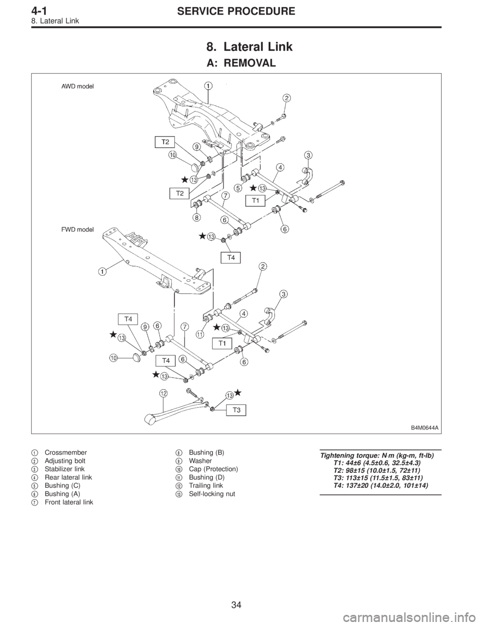 SUBARU LEGACY 1996  Service Repair Manual 8. Lateral Link
A: REMOVAL
B4M0644A
1Crossmember

2Adjusting bolt

3Stabilizer link

4Rear lateral link

5Bushing (C)

6Bushing (A)

7Front lateral link
8Bushing (B)

9Washer

10Cap (Protect