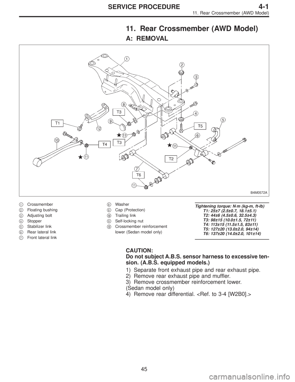 SUBARU LEGACY 1996  Service Repair Manual 11. Rear Crossmember (AWD Model)
A: REMOVAL
B4M0572A
1Crossmember

2Floating bushing

3Adjusting bolt

4Stopper

5Stabilizer link

6Rear lateral link

7Front lateral link
8Washer

9Cap (Prote