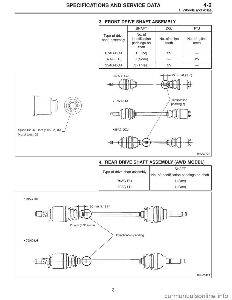 SUBARU LEGACY 1996  Service Repair Manual 3. FRONT DRIVE SHAFT ASSEMBLY
Type of drive
shaft assemblySHAFT DOJ FTJ
No. of
identification
paddings on
shaftNo. of spline
teethNo. of spline
teeth
87AC-DOJ 1 (One) 25—
87AC-FTJ 0 (None)—25
95AC
