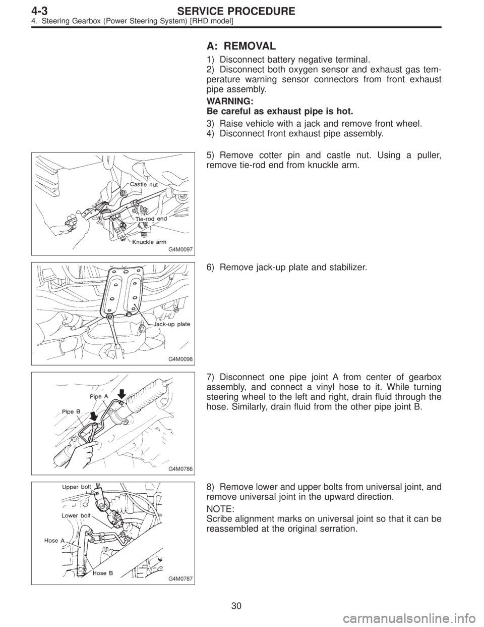 SUBARU LEGACY 1996  Service Repair Manual A: REMOVAL
1) Disconnect battery negative terminal.
2) Disconnect both oxygen sensor and exhaust gas tem-
perature warning sensor connectors from front exhaust
pipe assembly.
WARNING:
Be careful as ex