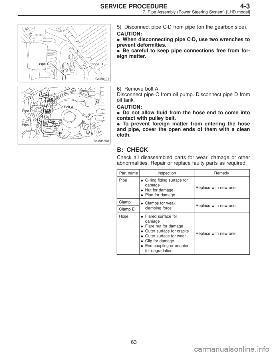 SUBARU LEGACY 1996  Service Repair Manual G4M0101
5) Disconnect pipe C⋅D from pipe (on the gearbox side).
CAUTION:
When disconnecting pipe C⋅D, use two wrenches to
prevent deformities.
Be careful to keep pipe connections free from for-

