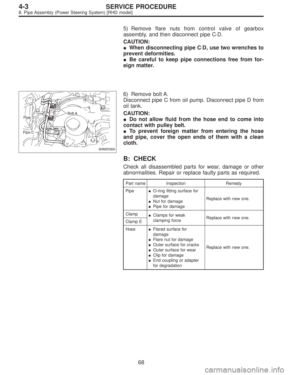 SUBARU LEGACY 1996  Service Repair Manual 5) Remove flare nuts from control valve of gearbox
assembly, and then disconnect pipe C⋅D.
CAUTION:
When disconnecting pipe C⋅D, use two wrenches to
prevent deformities.
Be careful to keep pipe 