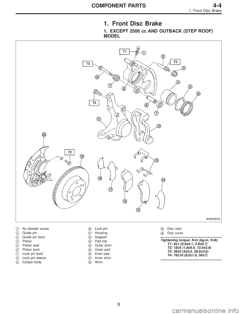 SUBARU LEGACY 1996  Service Repair Manual 1. Front Disc Brake
1. EXCEPT 2500 cc AND OUTBACK (STEP ROOF)
MODEL
B4M0065A
1Air bleeder screw

2Guide pin

3Guide pin boot

4Piston

5Piston seal

6Piston boot

7Lock pin boot

8Lock pin sle
