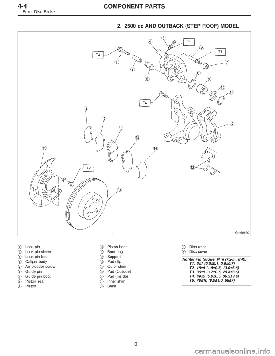 SUBARU LEGACY 1996  Service Repair Manual 2. 2500 cc AND OUTBACK (STEP ROOF) MODEL
G4M0990
1Lock pin

2Lock pin sleeve

3Lock pin boot

4Caliper body

5Air bleeder screw

6Guide pin

7Guide pin boot

8Piston seal

9Piston
10Piston b