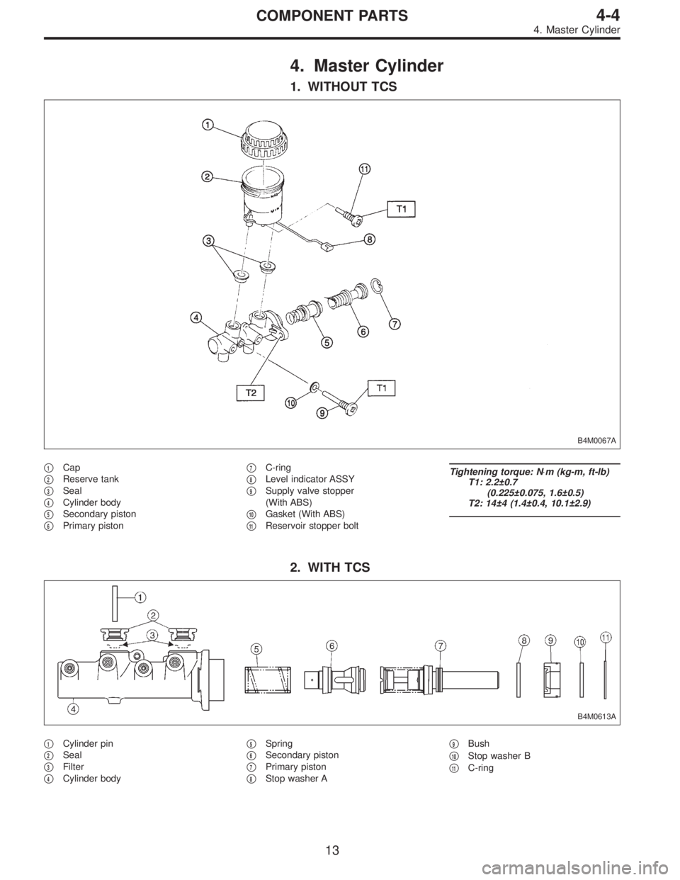 SUBARU LEGACY 1996  Service Repair Manual 4. Master Cylinder
1. WITHOUT TCS
B4M0067A
1Cap

2Reserve tank

3Seal

4Cylinder body

5Secondary piston

6Primary piston
7C-ring

8Level indicator ASSY

9Supply valve stopper
(With ABS)

10