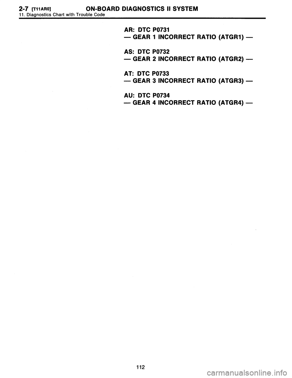 SUBARU LEGACY 1996  Service Repair Manual 2-7
[T11AR0]
ON-BOARD
DIAGNOSTICS
II
SYSTEM

11
.
DiagnosticsChart
with
Trouble
Code

AR
:
DTC
P0731

-
GEAR
1
INCORRECT
RATIO
(ATGR1)
-

AS
:
DTC
P0732

-
GEAR
2
INCORRECT
RATIO
(ATGR2)
-

AT
:
DTC
P